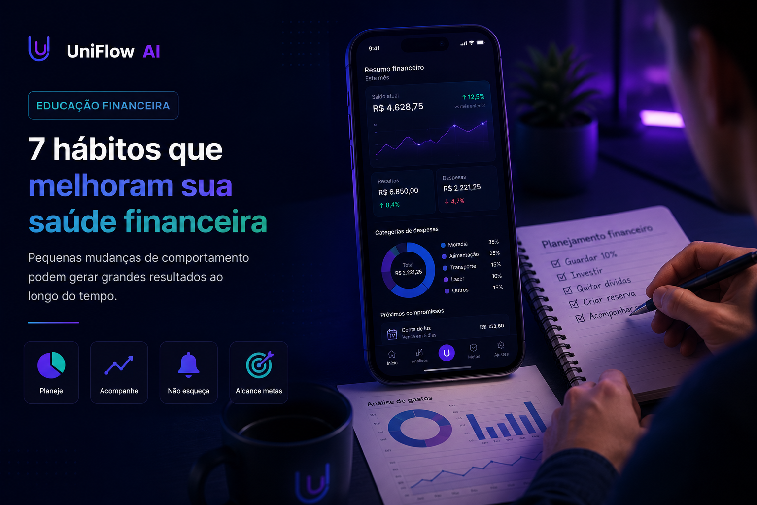 Ilustração de hábitos para melhorar a saúde financeira